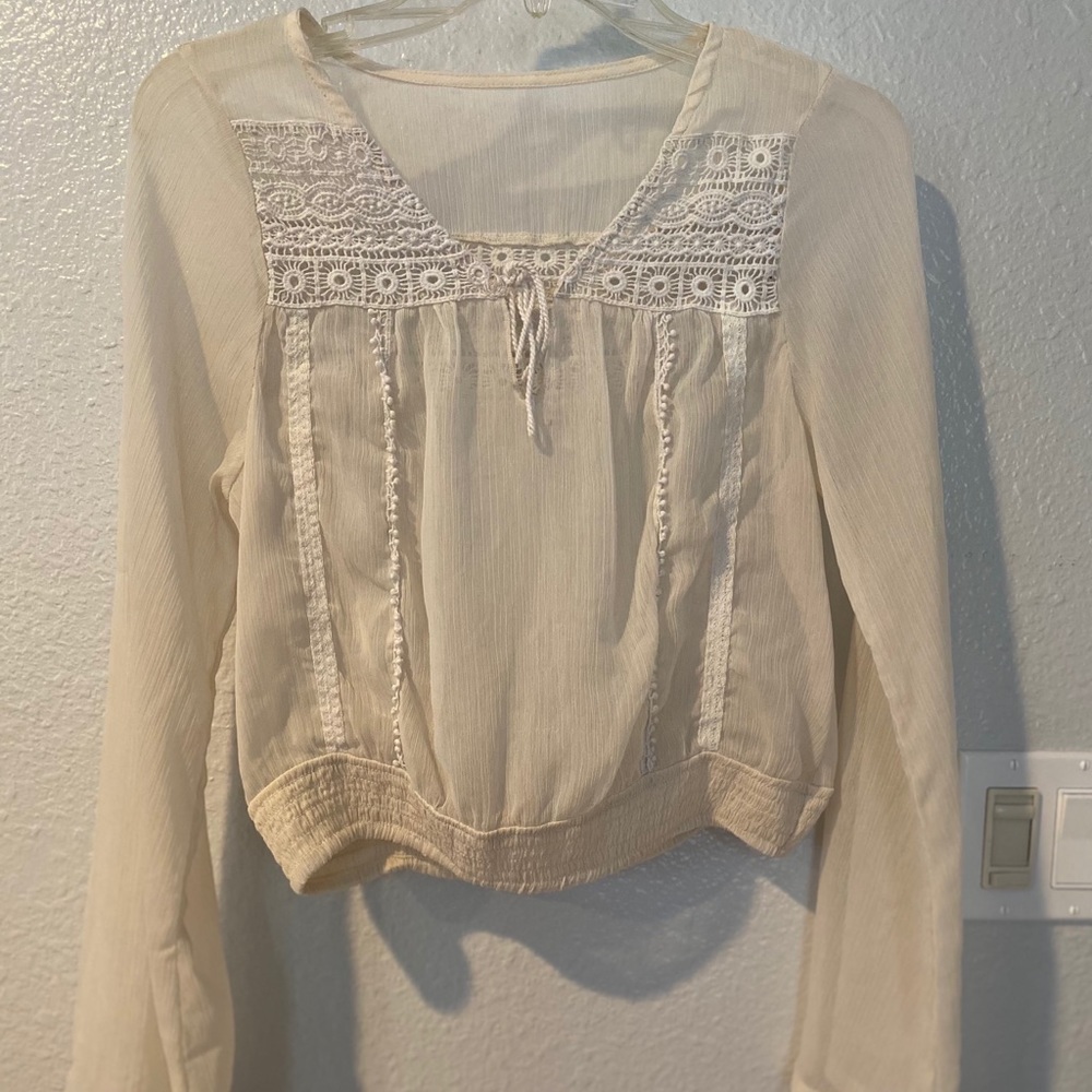 Cute Cream Crop Top with Embroidery + Bell Sleeves